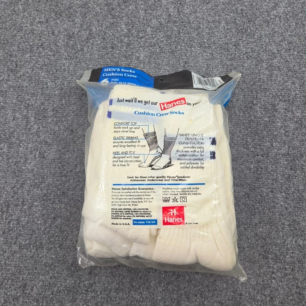 Vintage 90s Hanes Cushion Crew Socks Men Sz 6-12 White 6-Pack Made USA DeadStock